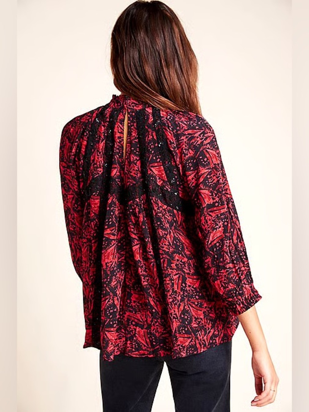 anthropologie bhanuni by jyoti Red And Black Blouse Size L Red Regal Lace - Picture 2 of 9